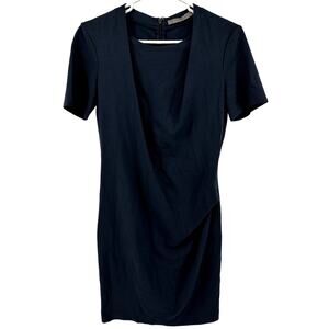 Halston Heritage Dress Sheath Draped Straight Zip Stretch Navy Blue Medium
